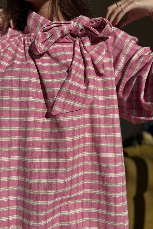 Ophelia Plaid Tie Neck Blouse Peony /15=